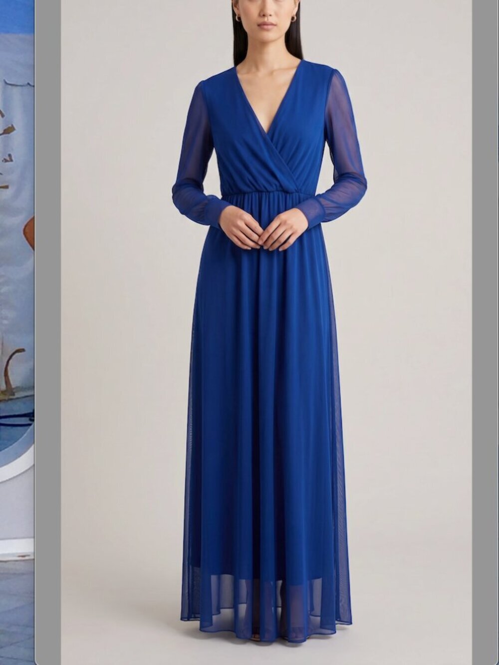 Elegant Royal Blue Long Sleeve Wrap Maxi Dress